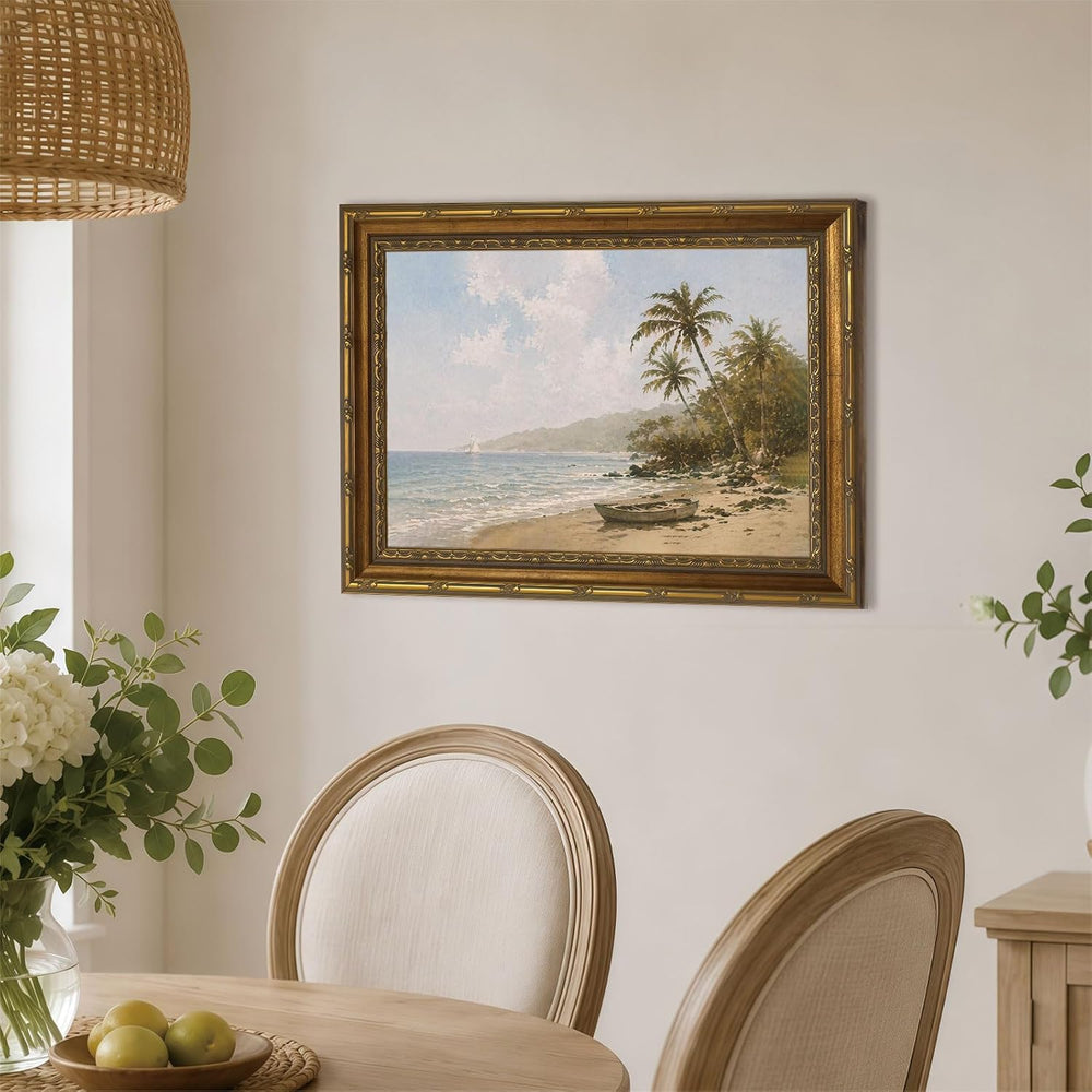 Vintage Tropical Beach Palm Tree Landscape Art, Gold Framed Canvas Print