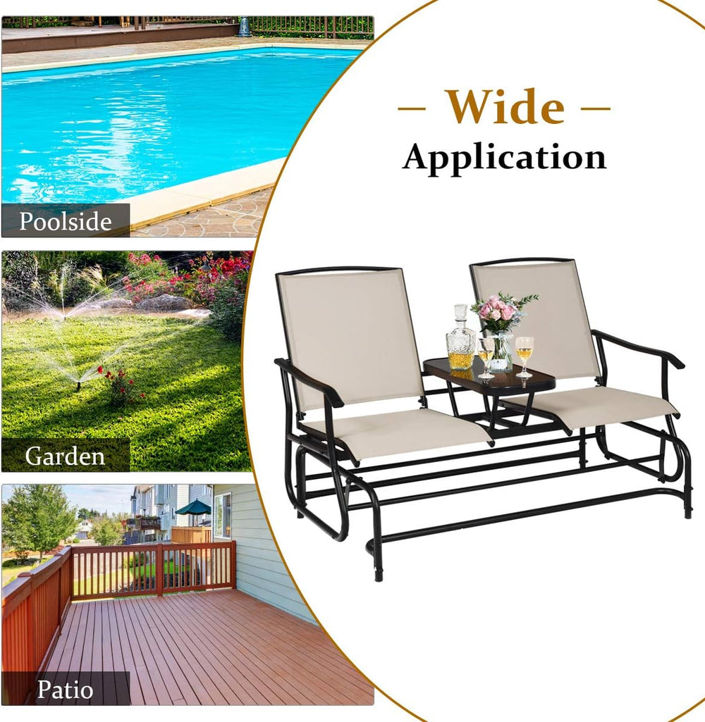 GIANTEX Patio Bench Glider Chair with Metal Frame, Center Tempered Glass Tabl...