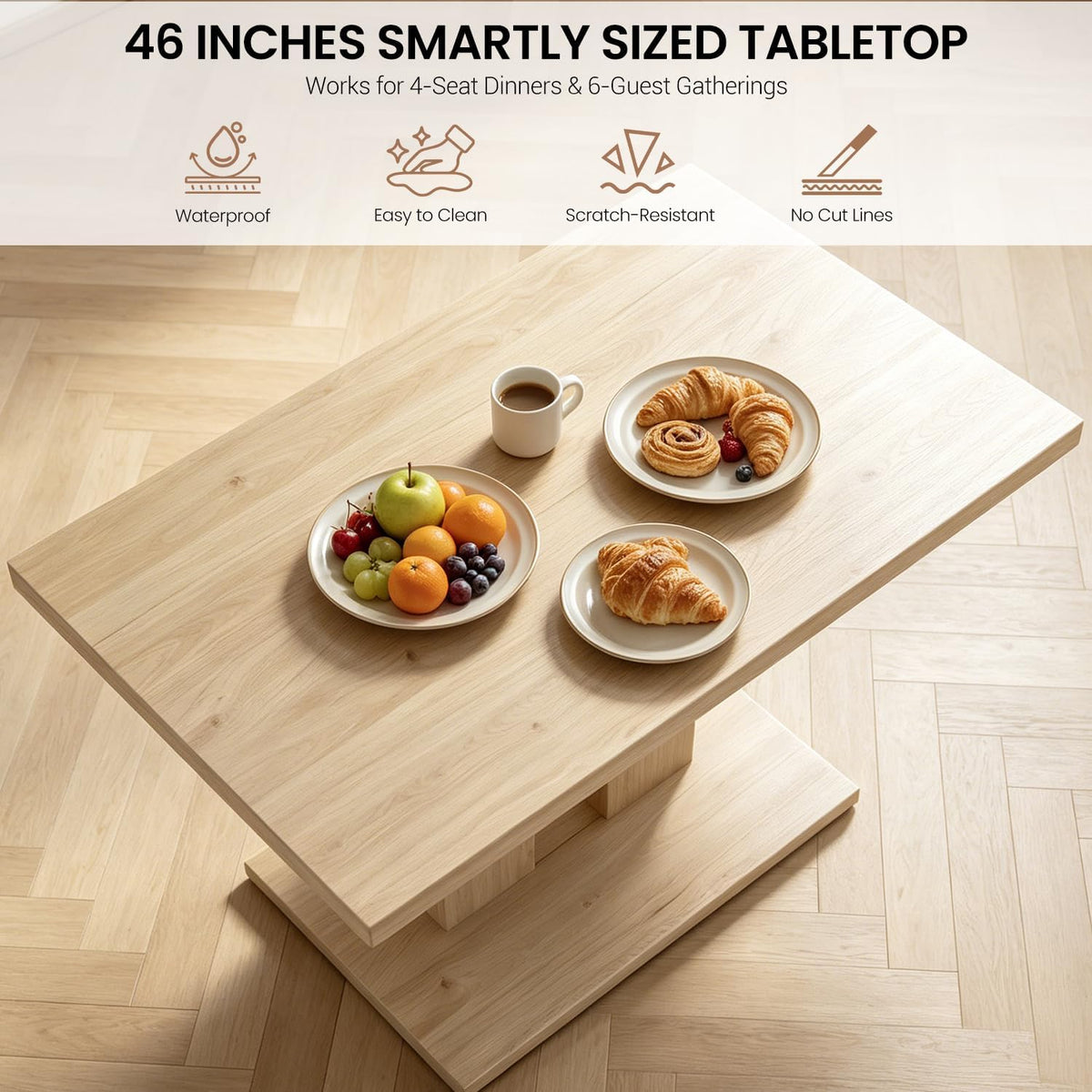modern dining table set for 4, 46" pedestal, close-up detail