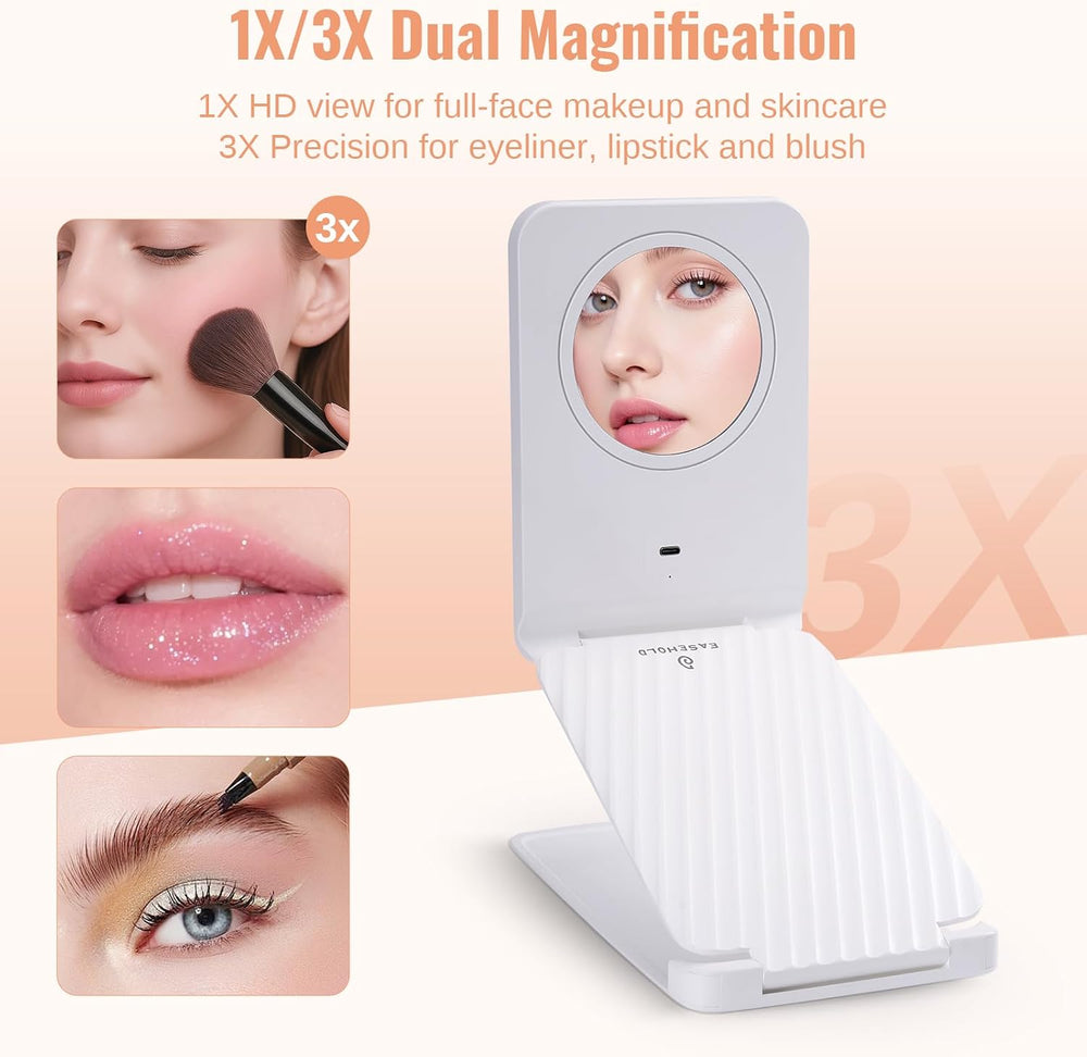 Travel Makeup Mirror with Lights, Rechargeable, 1X/3X Magnification, White
