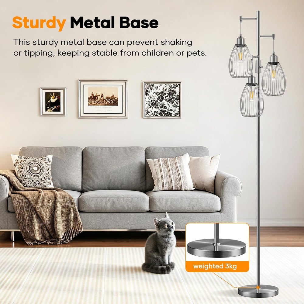 Nintiue Dimmable Floor Lamp, 3 x 800LM LED Edison Bulbs Included, Industrial ...