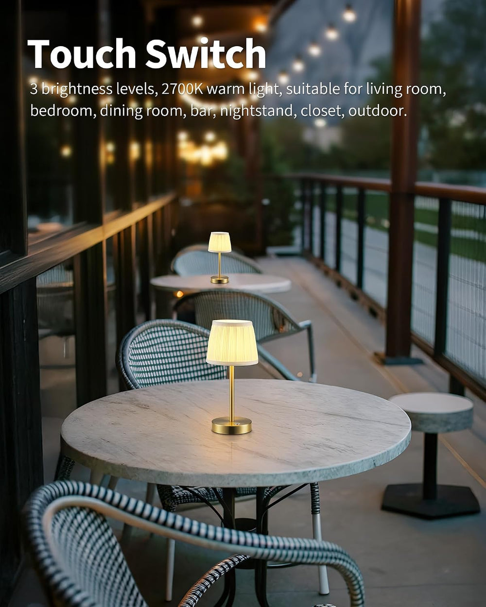 PUSU 2 Pack Cordless Gold Table Lamps, Fabric Shade Bedside Small Lamp