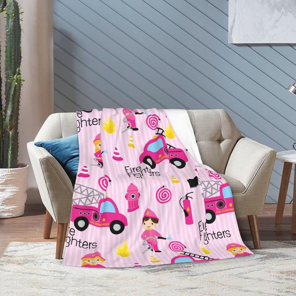 Girly Firefighters Cute Pink Fire Truck Throw Blanket Super Soft Warm Bed Bla...