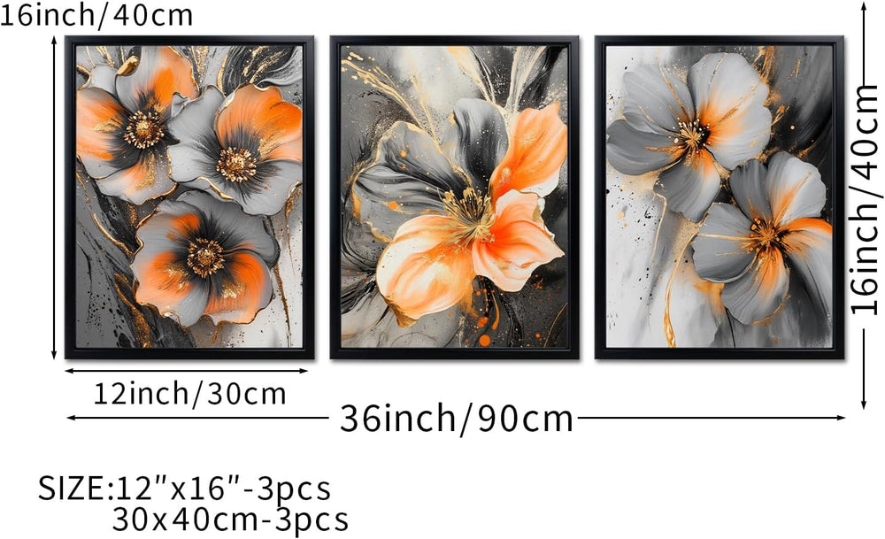 3 Piece Orange and Grey Abstract Flower Canvas Wall Art with Black Frame
