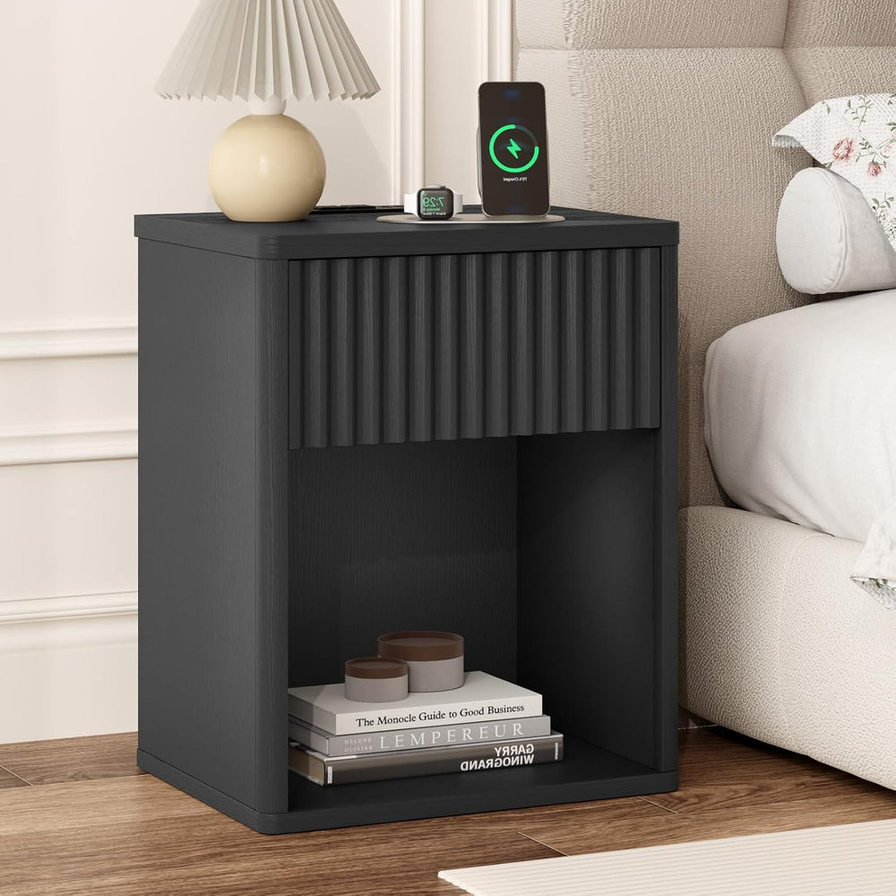 Fluted Black Nightstands Set of 2 w/Charging Station, Wooden End Table Bed Si...