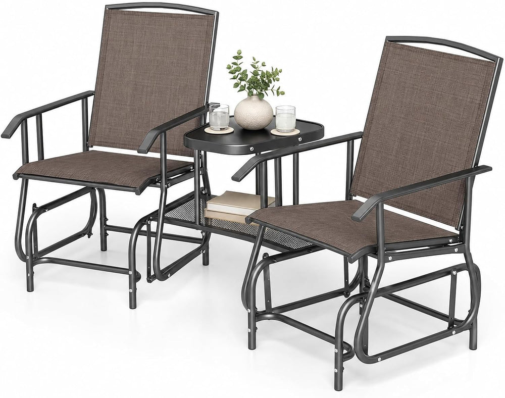 GIANTEX Outdoor Glider Chairs with 2-Tier Center Table, 2-Person Loveseat