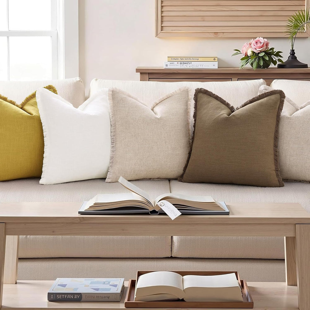 decorUhome Linen Fringe Light Brown Throw Pillow Covers 24x24 Set of 2