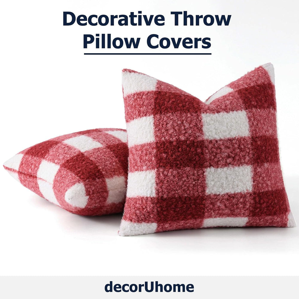 decorUhome Faux Fur Plaid Throw Pillow Covers 24X24 Set of 2 Red