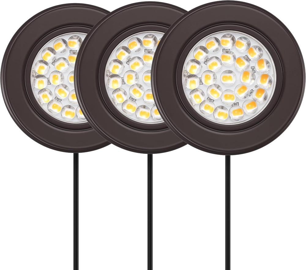 GETINLIGHT 2.5-Inch LED Puck Light Kit, 3-Pack, Plug-in, 3000K, Bronze