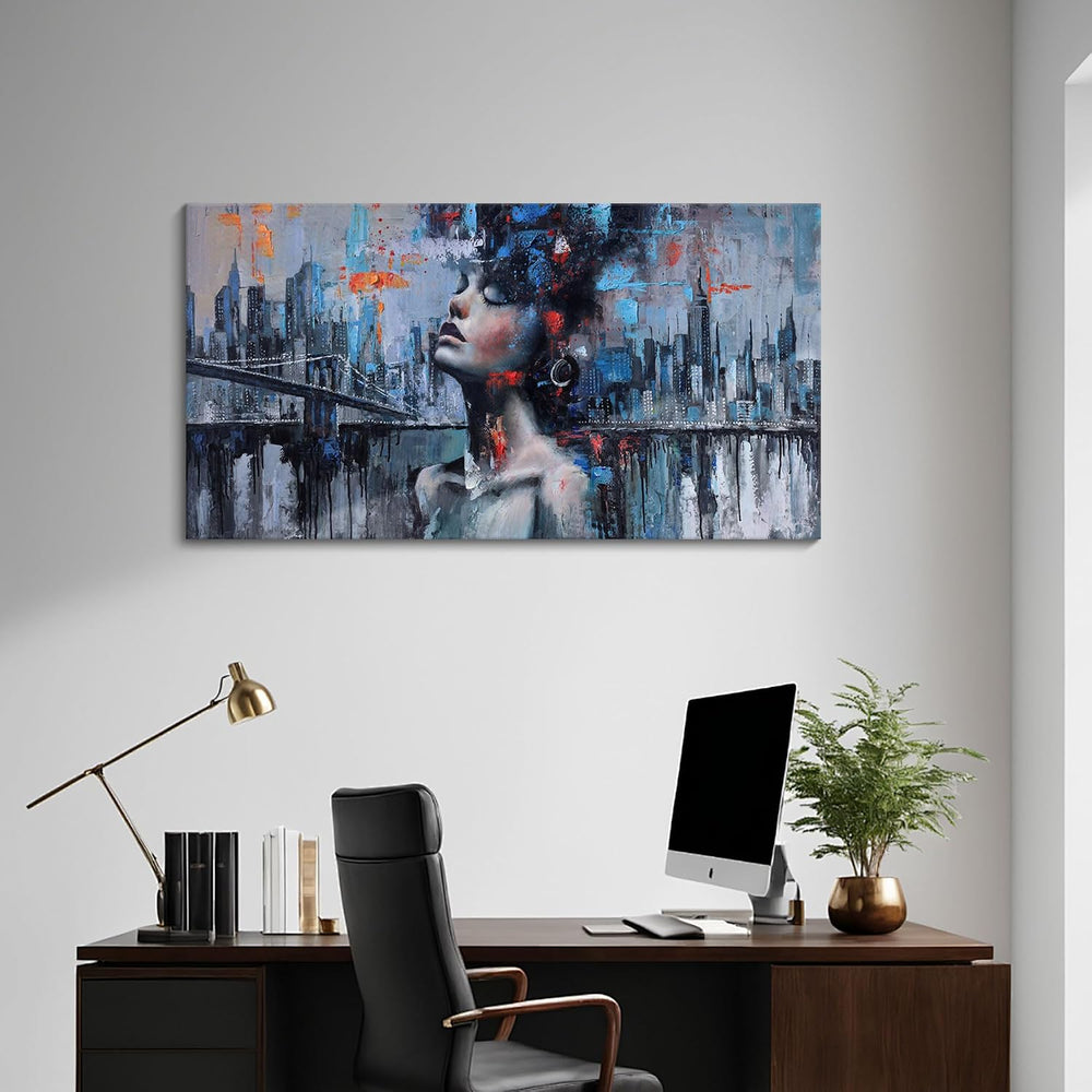 Navy Blue Abstract Wall Art Woman Picture for Living Room Modern Home Bedroom...