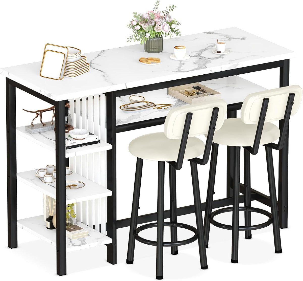 Lamerge Furniture Kitchen Bar Height Table and Chairs for 2, 5-Tier Compact Dining Room Table, White Faux Marble Top and 2 PU Leather Upholstered Seat Black Frame, Modern Dining Set for Home & Office