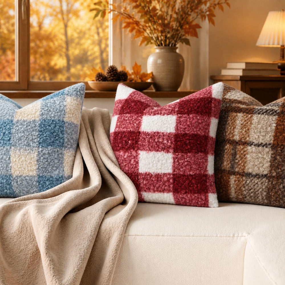 decorUhome Faux Fur Plaid Throw Pillow Covers 24X24 Set of 2 Red