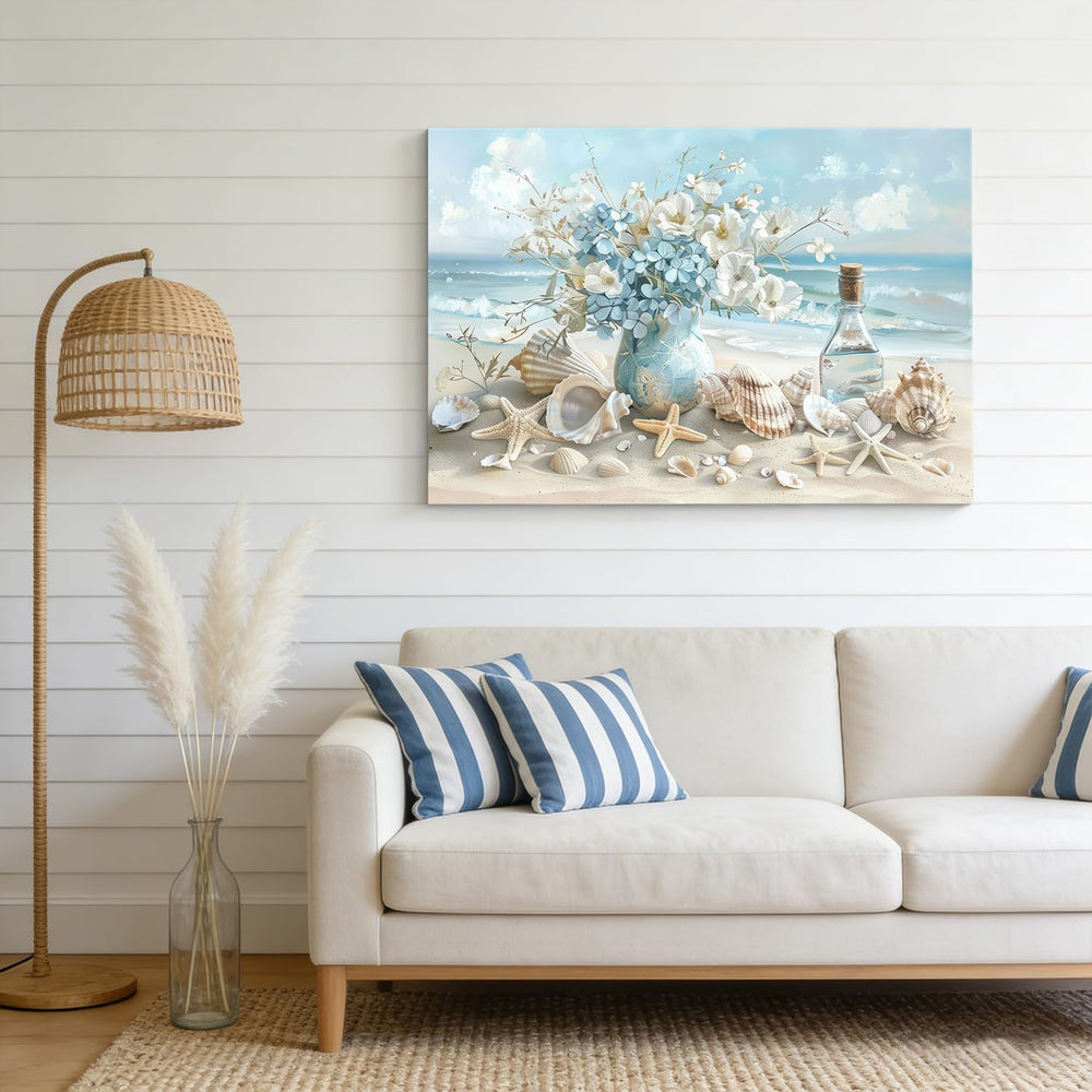 Blue Ocean Beach Bathroom Canvas Wall Art Seaside Seashell Painting Picture W...