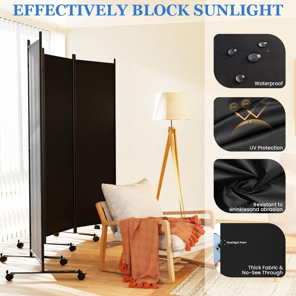 SUNALLY Room Divider Privacy Screens, 4 Panels Dividers with Wheels, Black