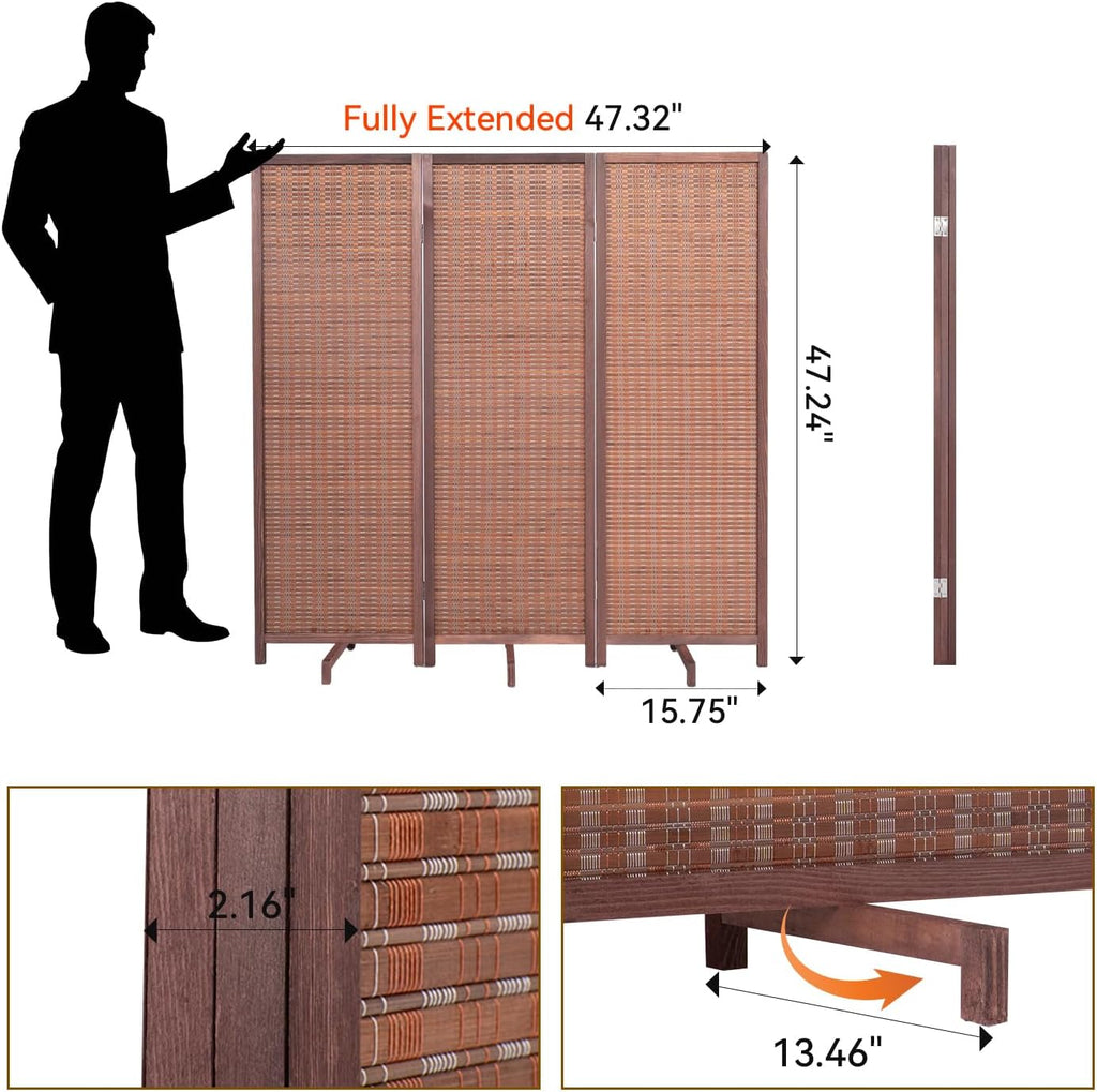 Bamboo Room Divider 3 Panel 47" H, 360°Rotating Feet Privacy Screen,Brown