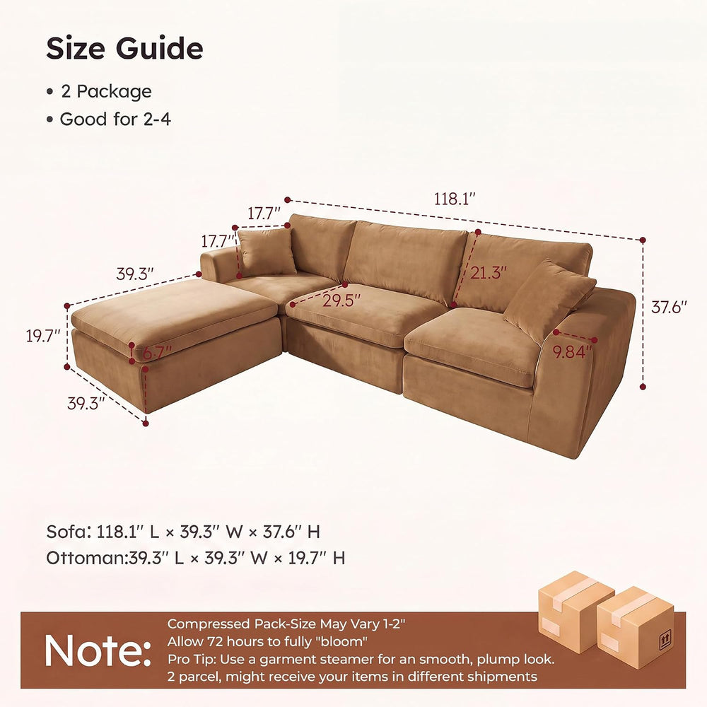 119" Modular Sectional Cloud Sofa, No Assembly Boneless Couch with Ottoman