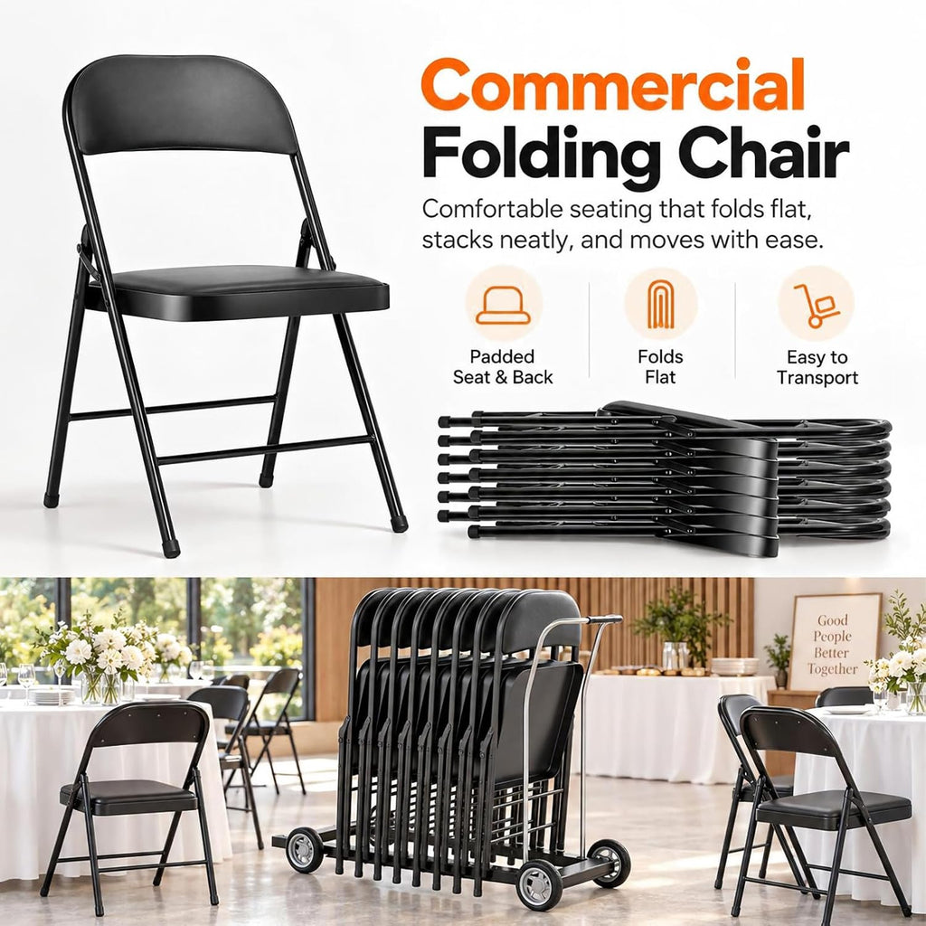 Fenbeli Padded Folding Chair, Black PU Leather, 1 Pack for Guest Seating