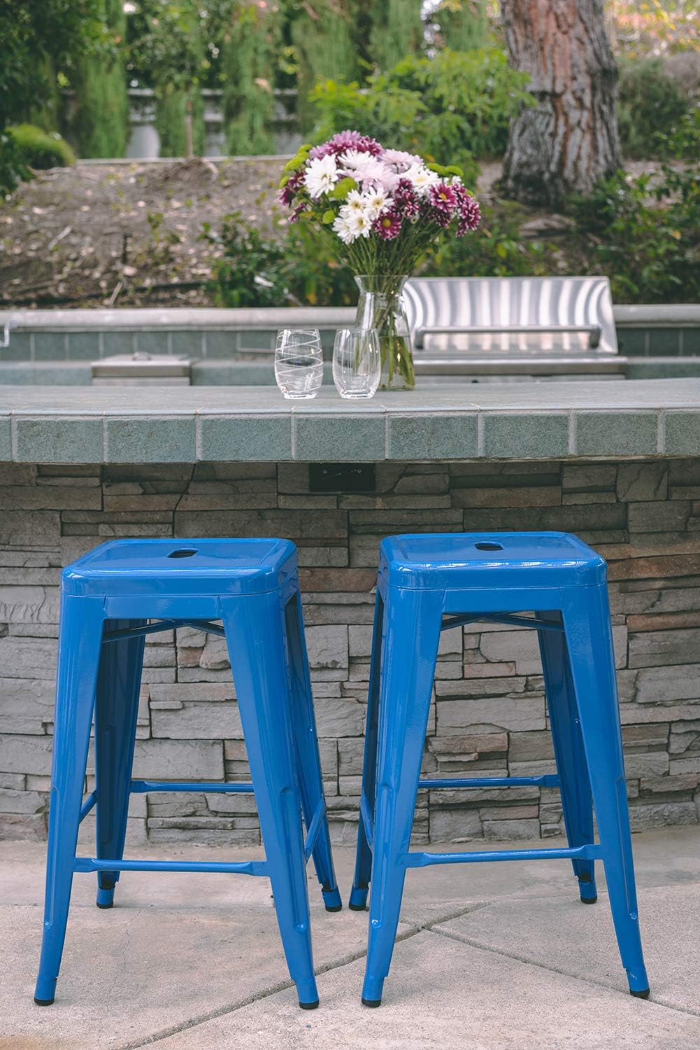 24 Inch Metal Bar Stools Set of 2, Stackable for Indoor Outdoor, Blue