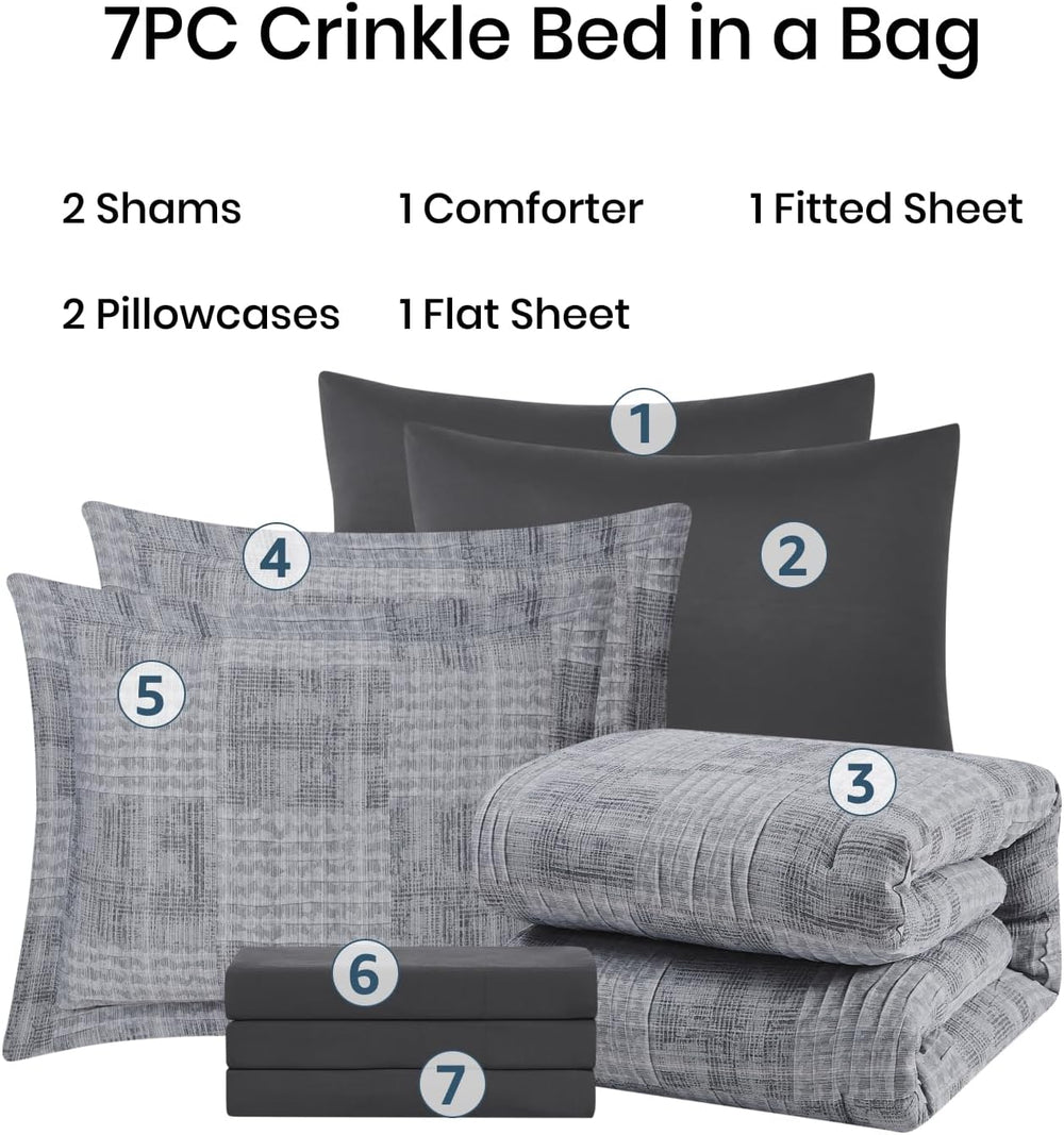 MaiRêve Queen Comforter Set Crinkle Textured Charcoal Grey Bedding 7 Pieces