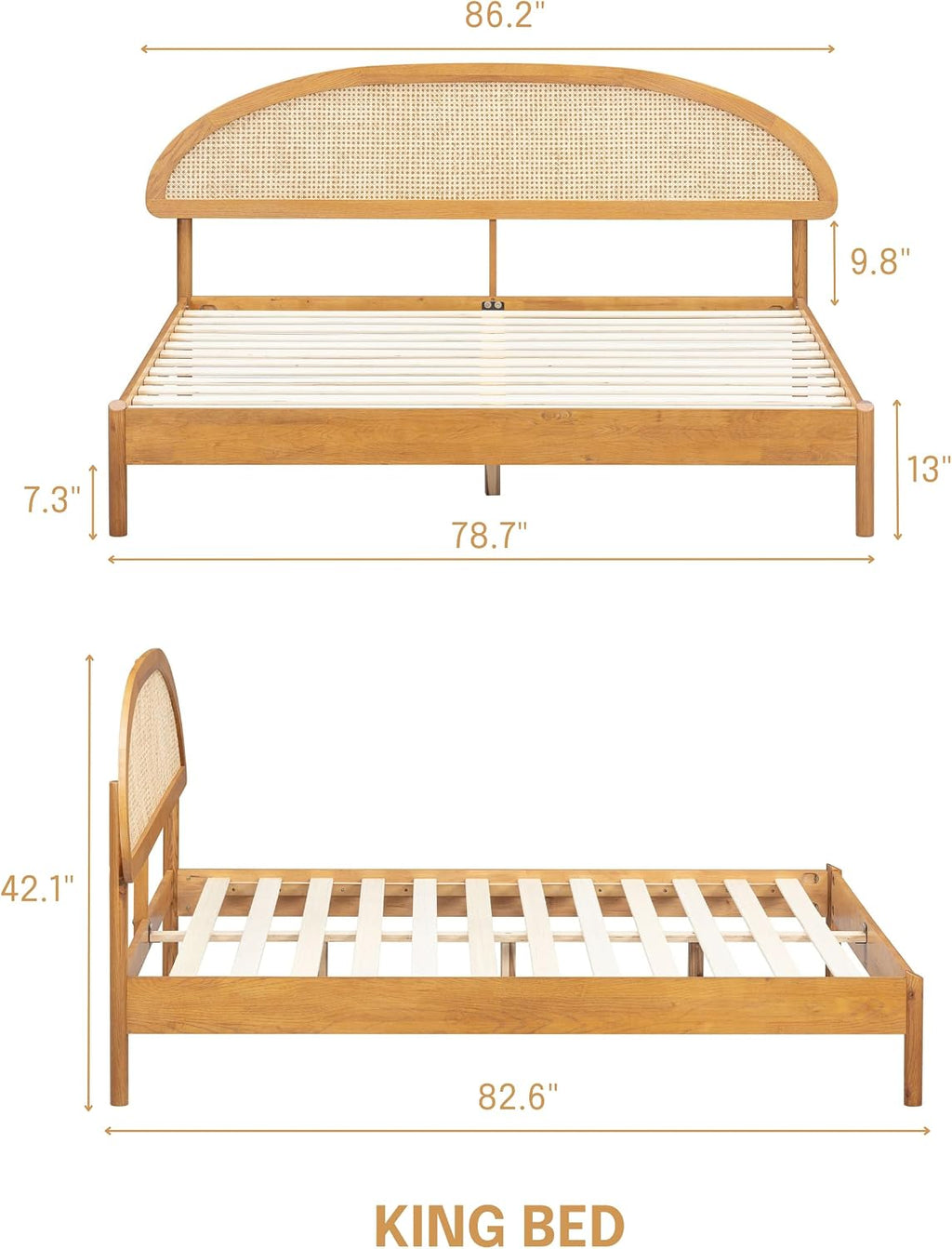 NTC Gem Wooden Bed Frame with Headboard and Natural Rattan, Solid Oak/Rubber Wood Foundation with Silent Slats, 1000 Lb Capacity, Effortless Assembly (Natural Cane - Rustic Oak, King)