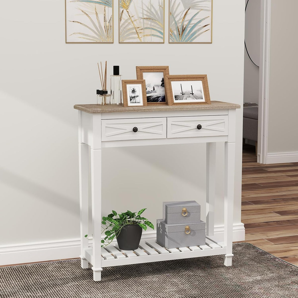 kinbor Narrow Console Table with Drawers, Small Entryway Table, White