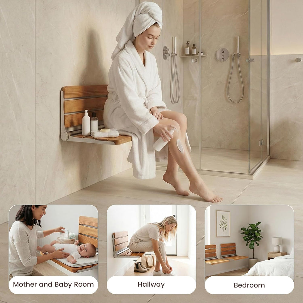 Foldable Shower Seat Wall Mounted 18 in Wide, Teak Bench for Small Shower