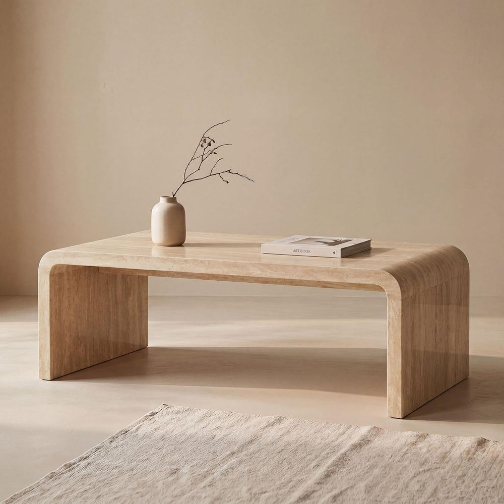 Hyfirm 47" Travertine Look Coffee Table, Thick Waterfall Edge Wood