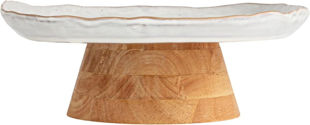 Bloomingville Acacia-Base Stoneware Elegance Pedestal, White