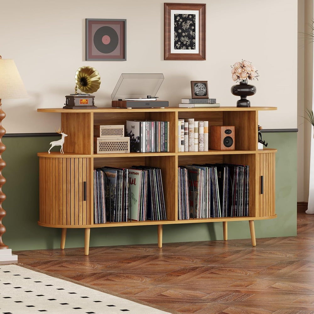 55.1" Large Record Player Stand with Charging Station,Natural