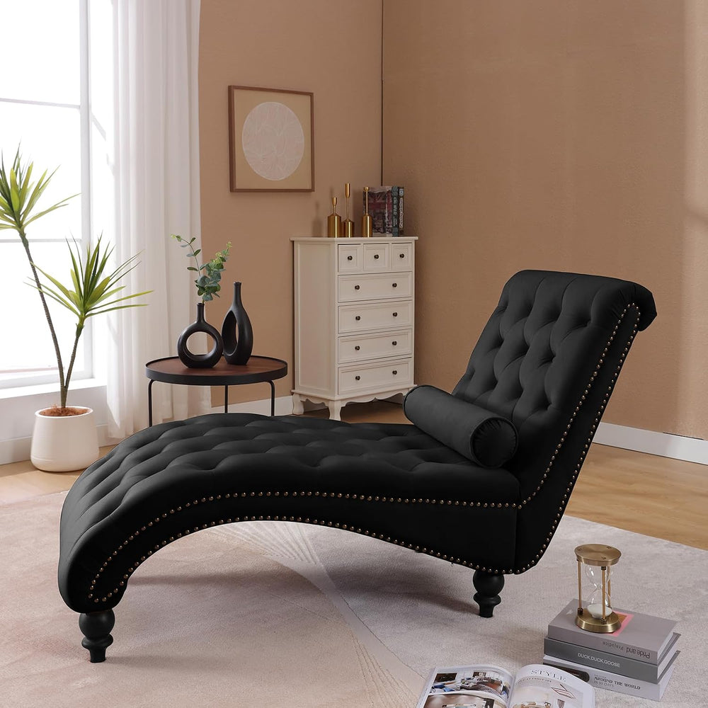 Modern Velvet Chaise Lounge Indoor with Nailhead Trim, Button-Tufted Armless ...