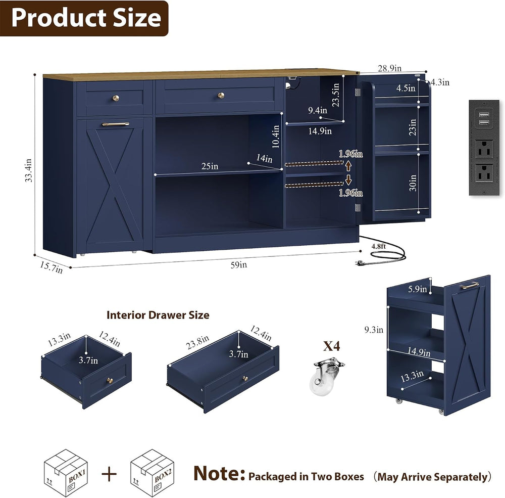 HOSTACK 59" W Kitchen Buffet Cabinet with Storage, Coffee Bar Cabinet, Blue