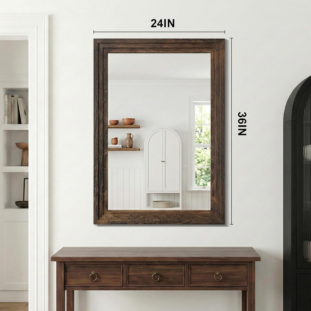 Farmhouse Rustic Wood Framed Bathroom Vanity Mirror for Wall, 24x36, Brown