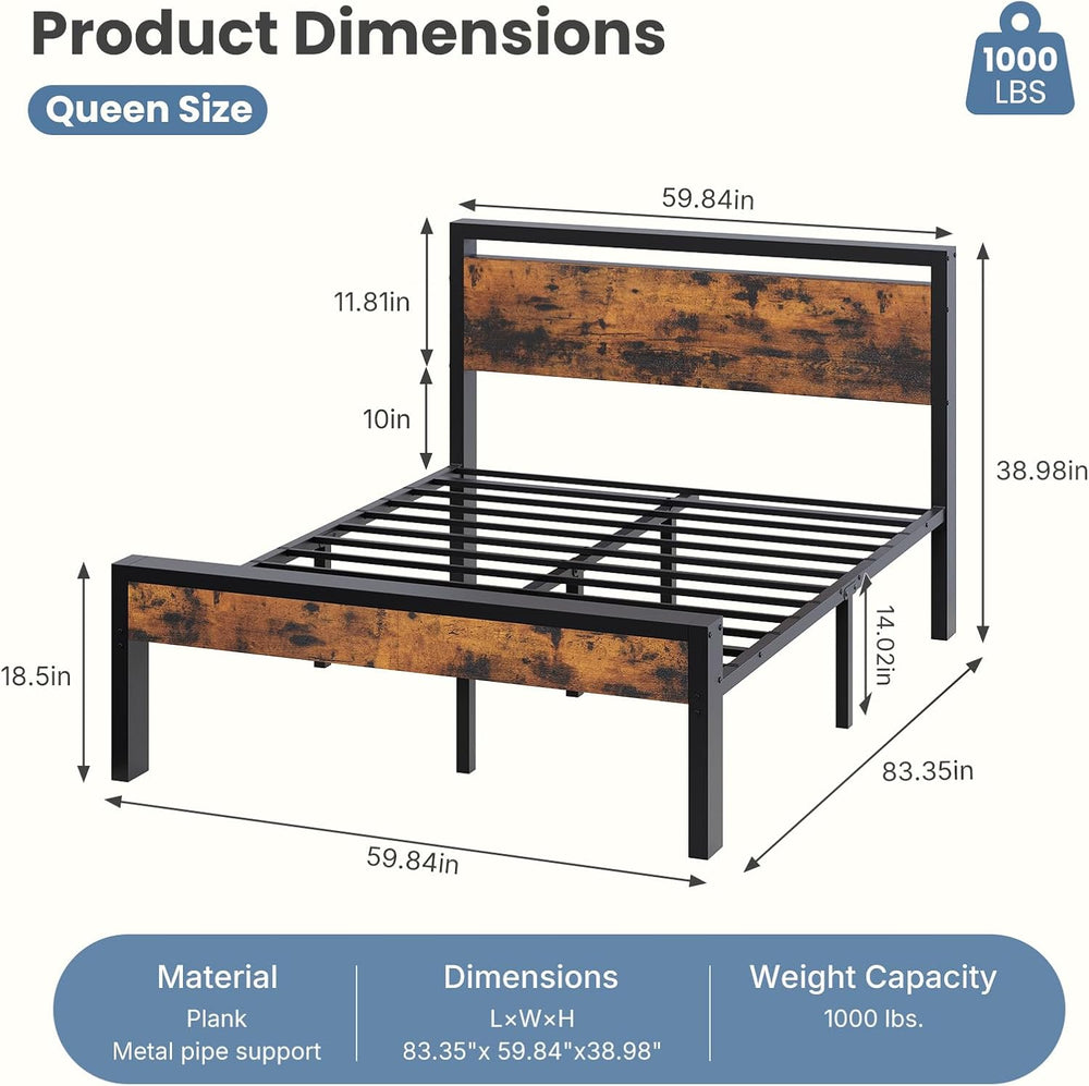 Sweetcrispy Queen 14 Inch Bed Frame with Wood Headboard, Rustic Brown