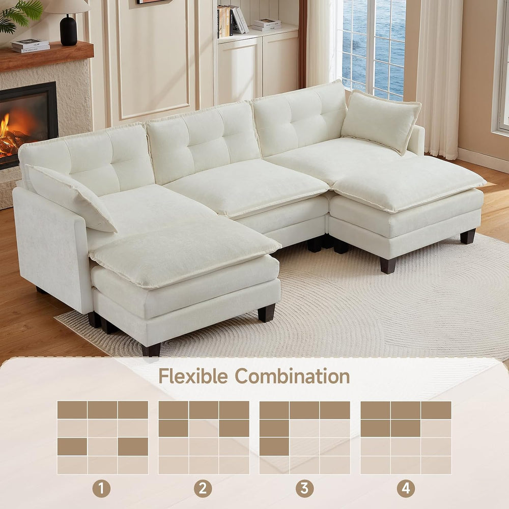 Amsleekey 111.5" U-Shaped Chenille Sectional Sofa, Beige