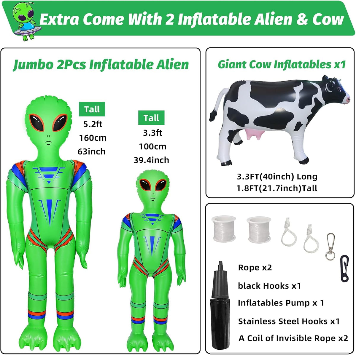 Alien Party Decorations 4.2FT Hanging Alien UFO Cow Abduction Inflatable with Cow&2pcs Jumbo Alien Halloween Inflatable UFO Built-in Green LED Blue&White Flashing Light Blow Up Yard Home Garden Decor