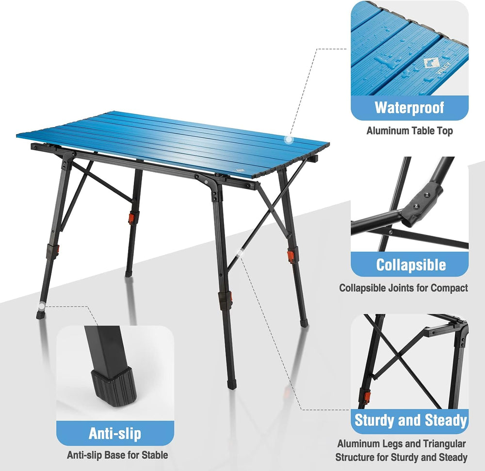 VILLEY Portable Camping Table with Adjustable Legs, Aluminum Folding Table