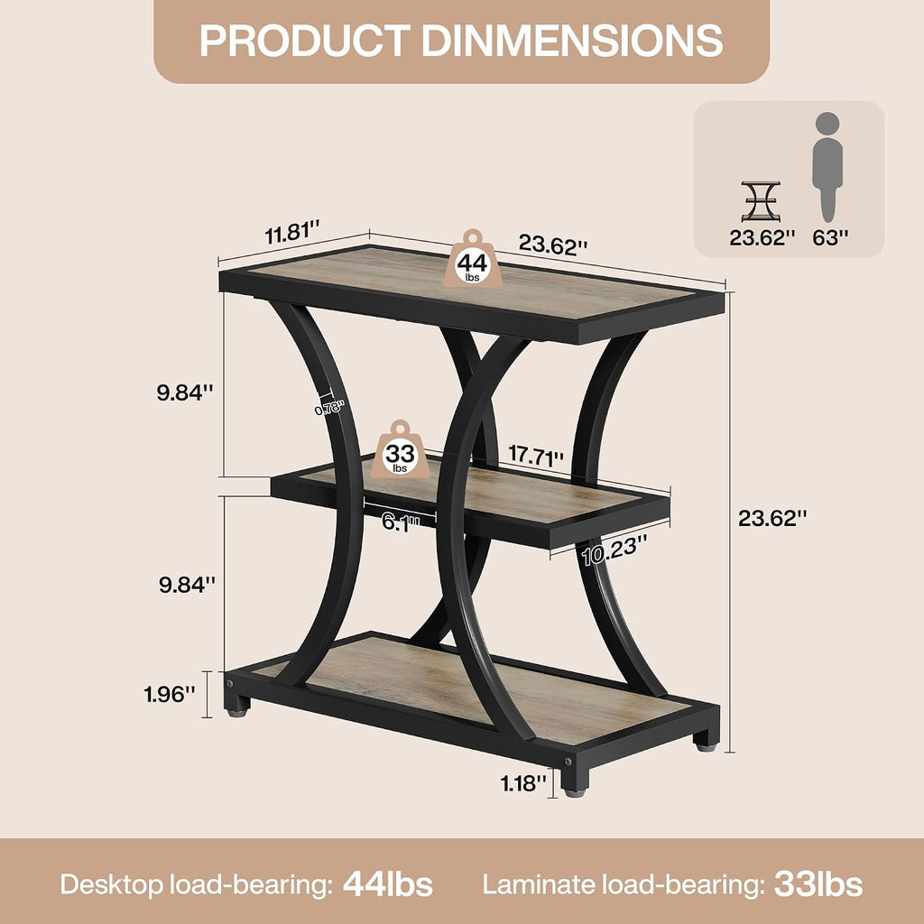 Tribesigns End Table with Storage, 3-Tier Side Table with Geometric Metal Design, Industrial Nightstand for Small Spaces, Living Room, Bedroom, Study Room (Grey)