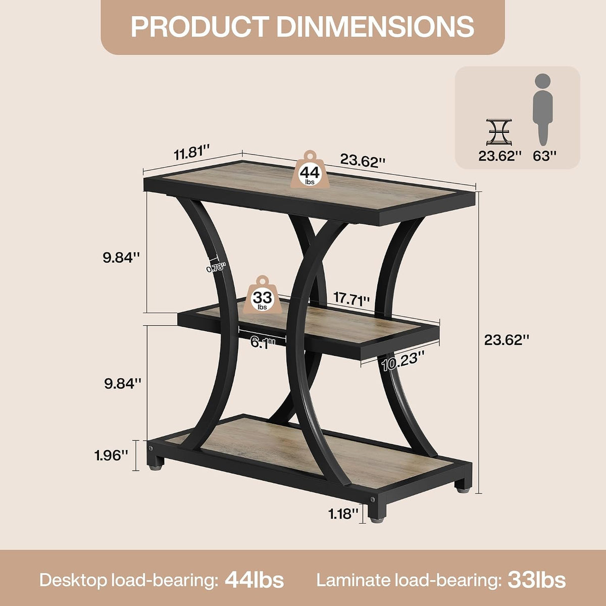Tribesigns End Table with Storage, 3-Tier Side Table with Geometric Metal Design, Industrial Nightstand for Small Spaces, Living Room, Bedroom, Study Room (Grey)
