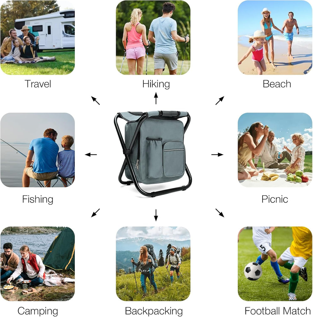 Portable Backpack Stool Cooler, Folding Seat Backpack Chair, Gray