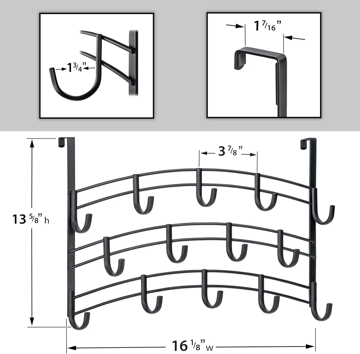 LYNK Professional® Home™ Over the Door Hooks - 14 Hook – Over the Door Coat Rack - Over the Door Hanger - Hanging Towels or Clothes - Bathroom, Bedroom, Laundry Room - Lifetime Ltd. Warranty, Black