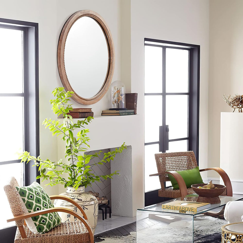 Round Wood Mirror,18" Circle Farmhouse Vanity Boho Bathroom Wall Mirrors
