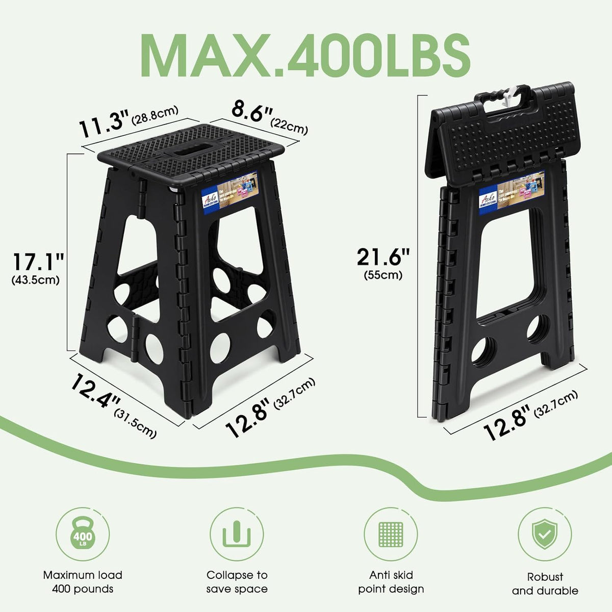 ACKO 17.5" Folding Step Stool, 400 lb Capacity with Safety Lock, Dot Black