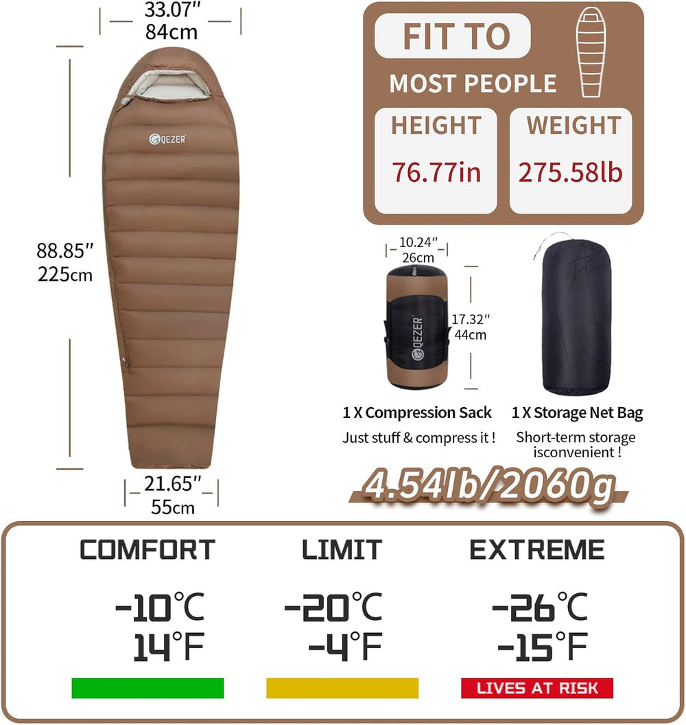 0 Degree Down Sleeping Bag for Adults,Cold Weather Backpacking