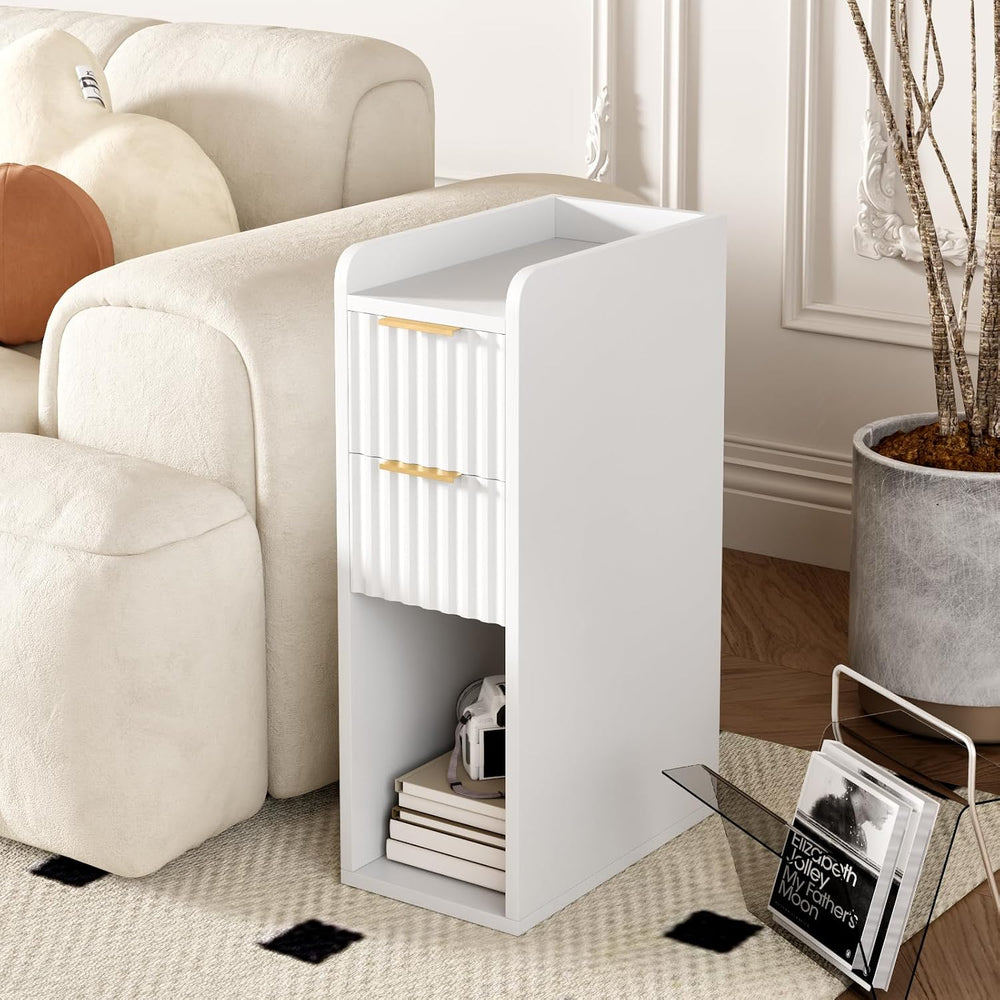 Narrow Nightstand Set of 2, 7.9" Wood Nightstands w/Fluted 2 Drawer, Sli...