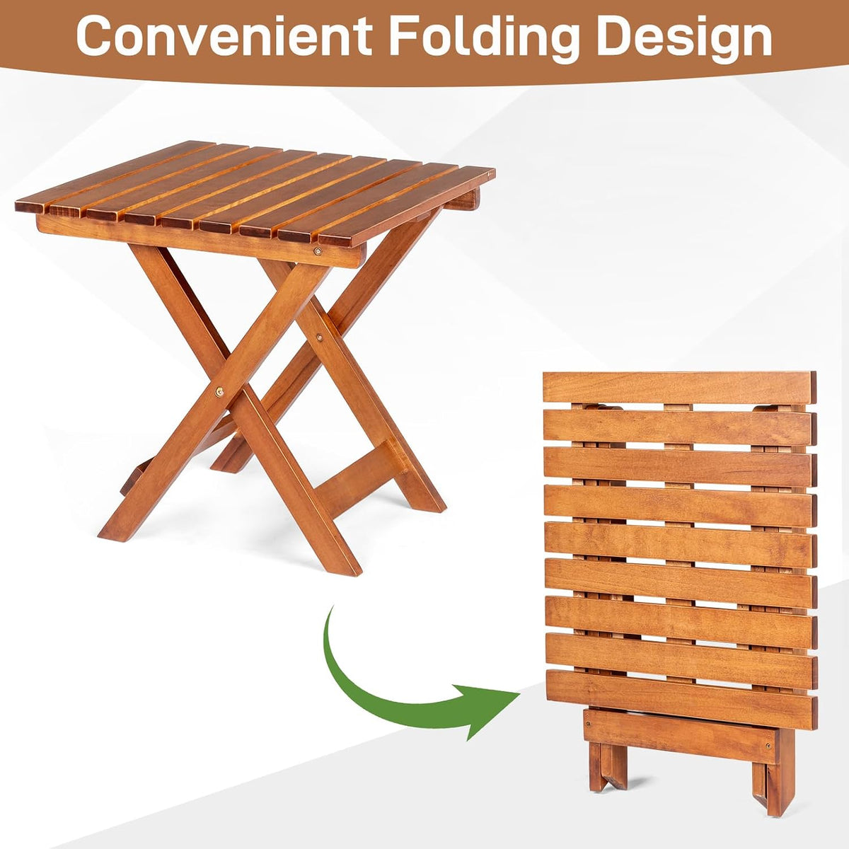 outvita wood folding side table, square, teak showing dimensions