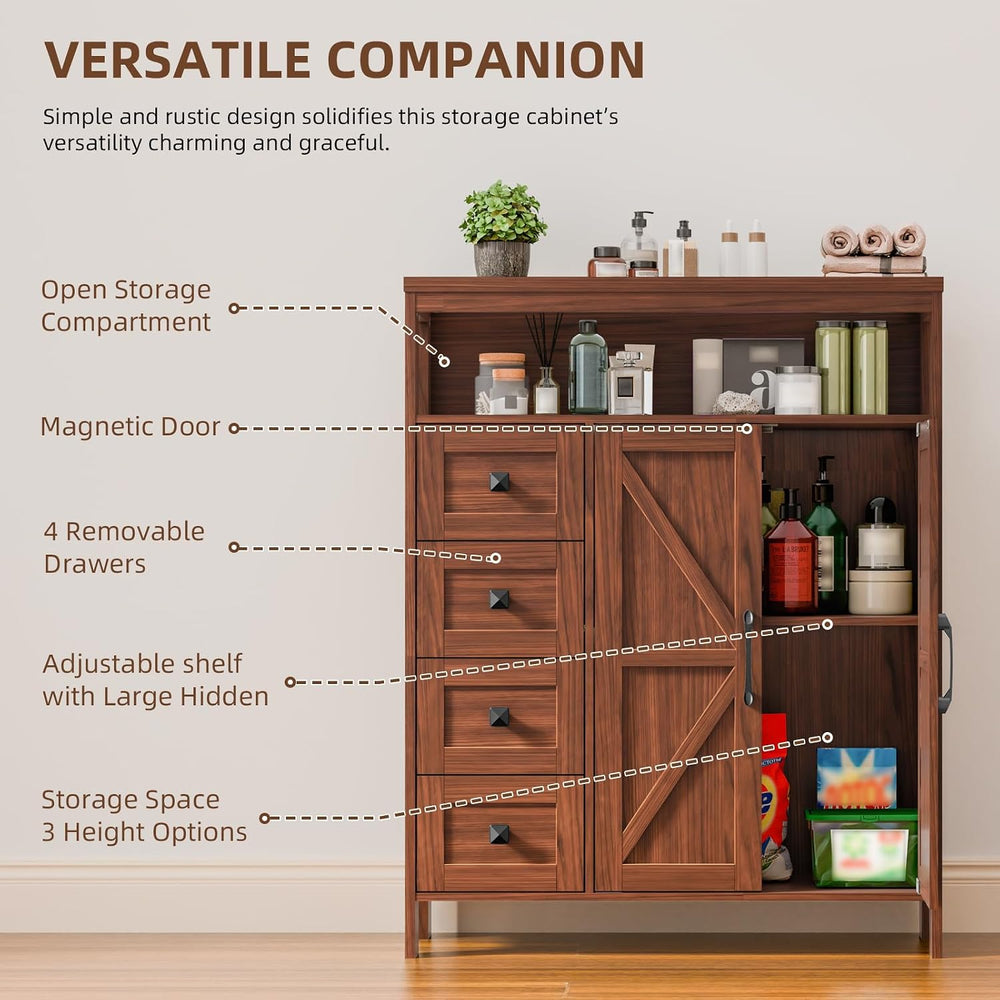 Befrases Farmhouse Storage Cabinet with 2 Doors and 4 Drawers, Walnut