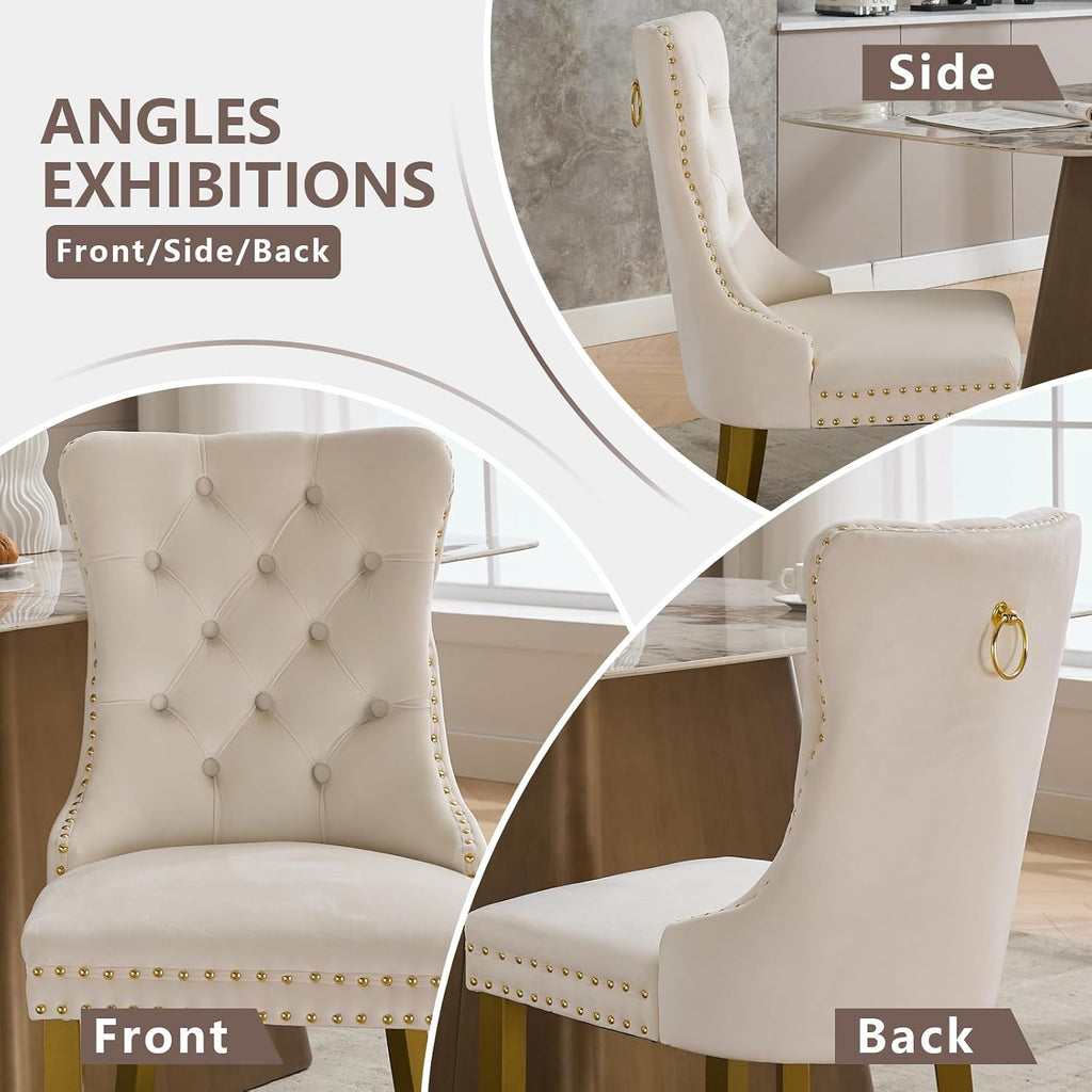 Cream Velvet Dining Chairs Set of 2, Ring Pull, Golden Solid Wood Legs