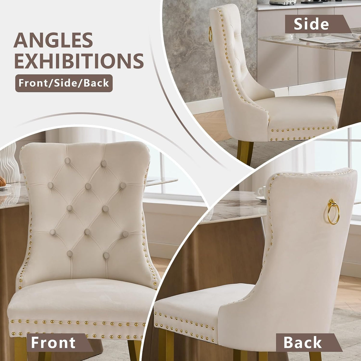 Cream Velvet Dining Chairs Set of 2, Ring Pull, Golden Solid Wood Legs