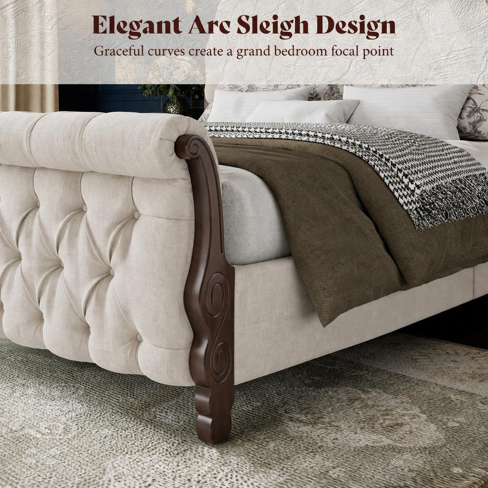 AMERLIFE King Sleigh Bed Frame, Upholstered Tufted Headboard, Cream