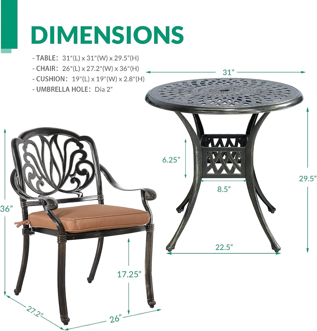 vivijason 3-piece patio furniture dining set, all-weather cast shown in use
